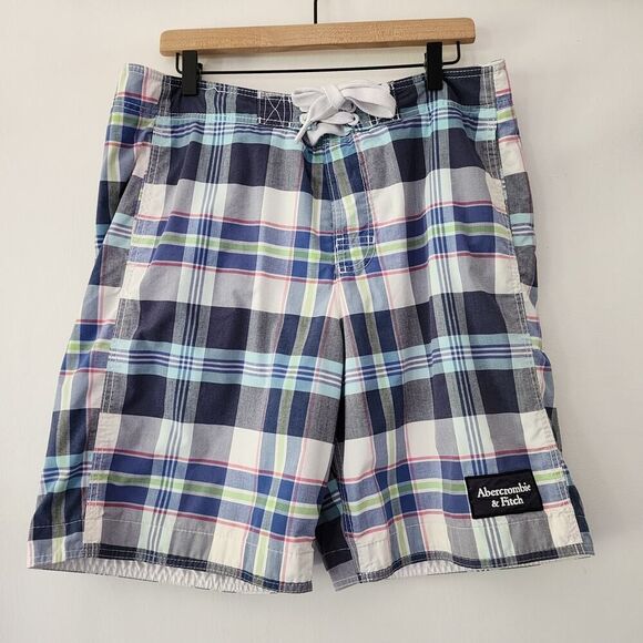 Abercrombie & Fitch blue plaid swim trunks board shorts mens size L - Picture 1 of 8